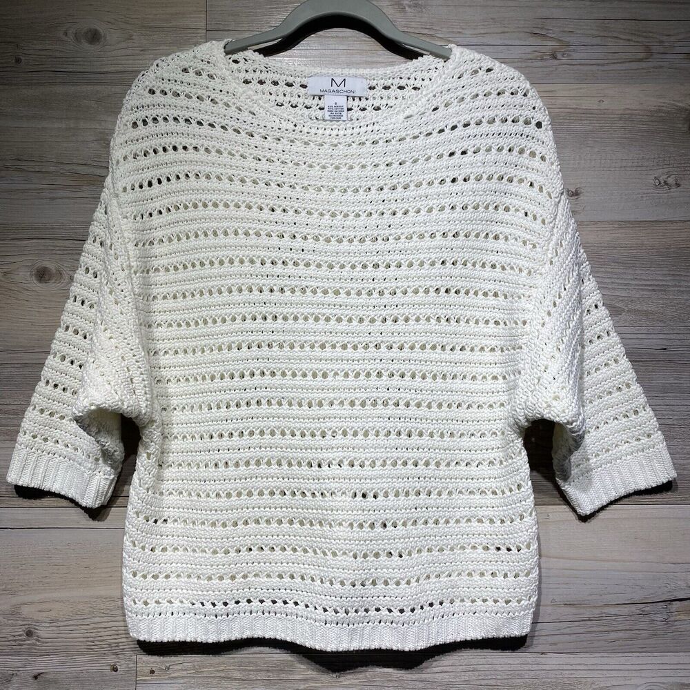 Magaschoni Cream Sweater Size Small Crochet Open Knit Dolman Sleeve Beachy Boxy